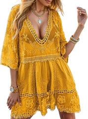 Women's Floral Embroidery Hollow Out Contrast Lace Sheer Cover Up Dress
