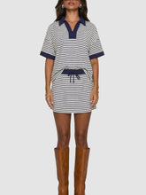 Women's Striped V-Neck Polo Top & Built-in Short Skort 2 Piece Lounge Set