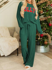 ✨Womens JOLLY Graphic Christmas Ribbed Long Sleeve Top & Pants 2 Piece Set