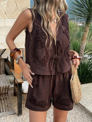 Women's V Neck Lace-Up Sleeveless Crop Top & Shorts Set