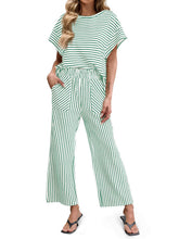⏰Hot Sale-Womens Striped 2 Piece Sets Short Sleeve T Shirts Wide Leg Pants with Pockets