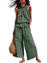 Women's 2 Piece Outfits Sleeveless Ruffle Top Wide Leg Pants Summer Loungewear