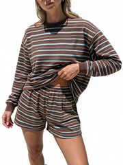 Women Casual Horizontal Stripe Crew Neck Elastic Waist Shorts Or Long Pants Loungewear Set