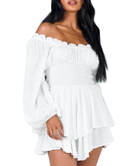 ✨Women's Off-the-shoulder Lantern Sleeves Ruffled Hem Mini Romper