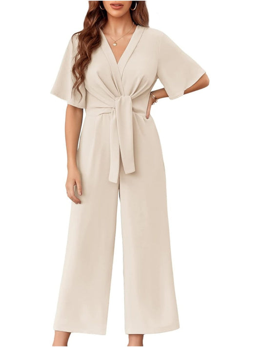 ✨Womens Short Sleeve Tie Knot Front Wide Leg Jumpsuits