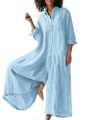 ⏰Hot Sale-Women's Linen Button Down Long Sleeve Wide Leg Jumpsuit