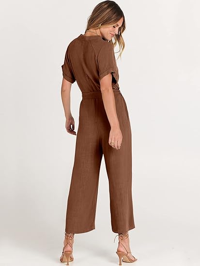 Women's Short Sleeve V-Neck Button Belt Jumpsuit