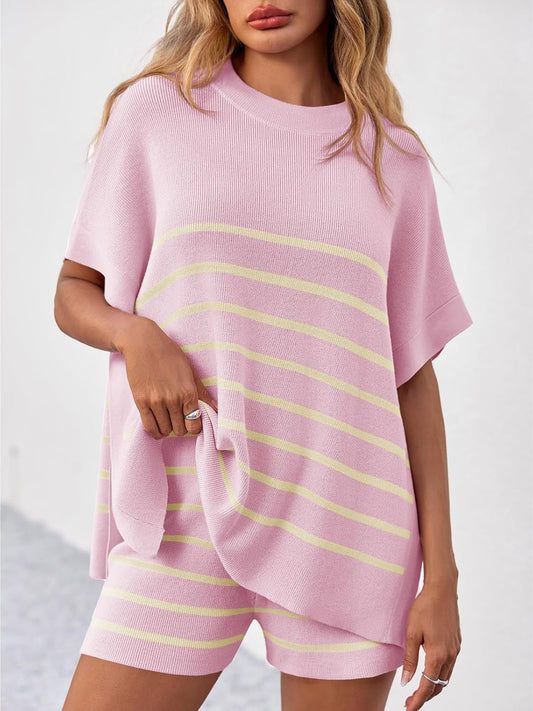 ⏰Hot Sale-Women's Striped 2-Piece Oversized Batwing Sleeve Short Sleeve Top and Shorts Set