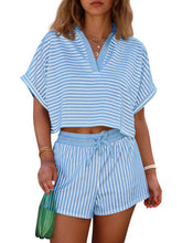 ⏰Hot Sale-Womens Striped 2 Piece Short Sets Summer Short Sleeve Collared