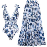 Women Adjustable Shoulder Strip Plant Prints One Piece Swimsuit and Skirt/Sarong