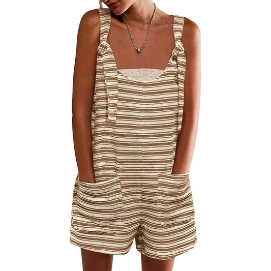 Summer Casual Sleeveless Striped Romper – Loose Overalls Jumpsuit with Pockets
