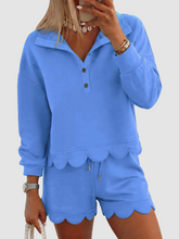 Women Scalloped Hem Half Button Polo Long Sleeve Top & Drawstring Shorts Two Piece Set