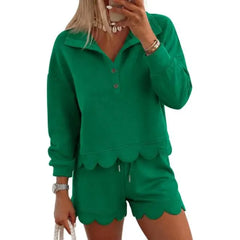 Women Scalloped Hem Half Button Polo Long Sleeve Top & Drawstring Shorts Two Piece Set