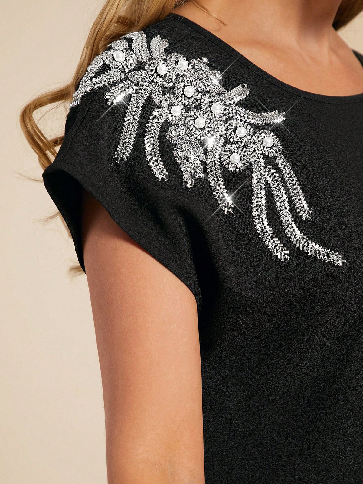 Amorya White,Summer,Elegant,Tea Party Women's Chest Nail Bead Applique Batwing Sleeved Blouse