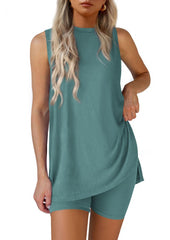 Women Summer Matching 2 Piece Outfit Split Hem Top & Shorts Set