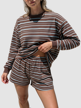 Women Casual Horizontal Stripe Crew Neck Elastic Waist Shorts Or Long Pants Loungewear Set