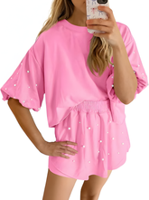 Women Pearl Puff Sleeve Top & Skort 2 Piece Summer Lounge Set