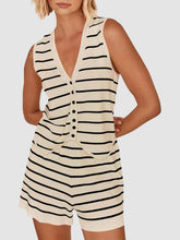 Women's Striped Knit V Neck Button Vest & Shorts 2 Piece Lounge Set