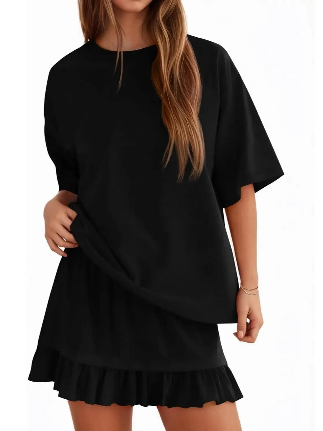 Women Solid 2 Piece Short Sleeve Top & Mini Skirt Set