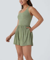 ⏰Hot Sale-Women's casual Backless Twisted Side Pocket 2-in-1 Resort Romper