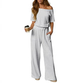 ⏰Hot Sale-Women's Short Sleeve Back Cutout Casual Wide Leg Loose Fit One-Piece Jumpsuit