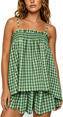 🥰Women's Sleeveless Plaid Cami Tank Tops Wide Leg Shorts Sets