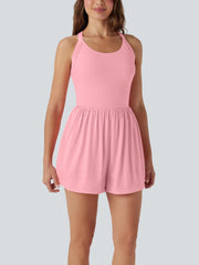 2-in-1 Built-in Shorts Romper, Backless Twist Side Pocket Casual Resort Jumpsuit
