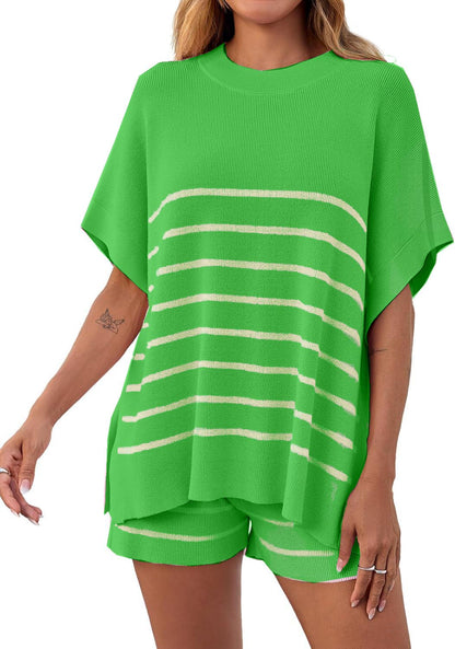 ⏰Hot Sale-Women's Striped 2-Piece Oversized Batwing Sleeve Short Sleeve Top and Shorts Set