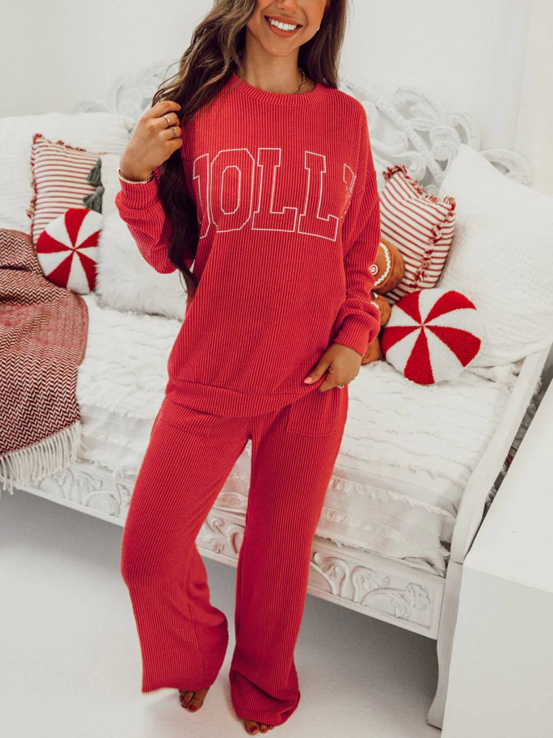 ✨Womens JOLLY Graphic Christmas Ribbed Long Sleeve Top & Pants 2 Piece Set