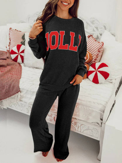 ✨Womens JOLLY Graphic Christmas Ribbed Long Sleeve Top & Pants 2 Piece Set