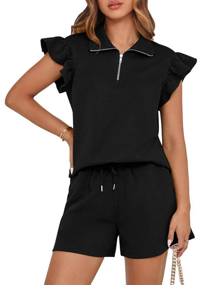 ✨2025 New Women's Zipper V Neck Casual Ruffle Short Sleeve Tops and Drawstring Shorts 2 Piece Outfits