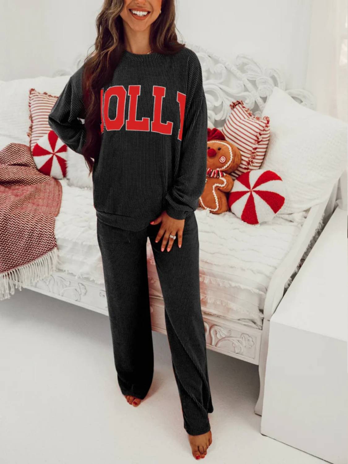 ✨Womens JOLLY Graphic Christmas Ribbed Long Sleeve Top & Pants 2 Piece Set