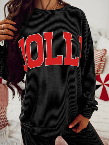 ✨Womens JOLLY Graphic Christmas Ribbed Long Sleeve Top & Pants 2 Piece Set