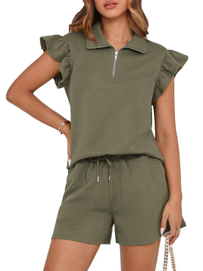 ✨2025 New Women's Zipper V Neck Casual Ruffle Short Sleeve Tops and Drawstring Shorts 2 Piece Outfits