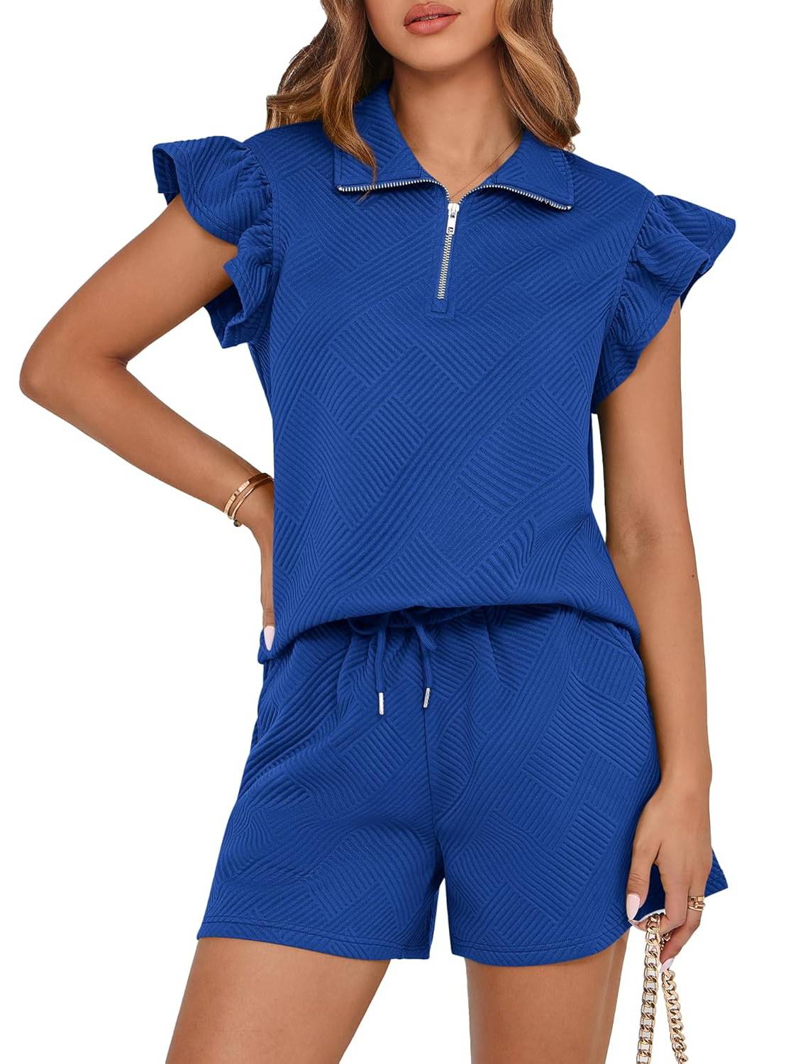 ✨2025 New Women's Zipper V Neck Casual Ruffle Short Sleeve Tops and Drawstring Shorts 2 Piece Outfits