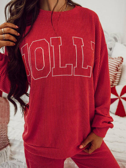 ✨Womens JOLLY Graphic Christmas Ribbed Long Sleeve Top & Pants 2 Piece Set