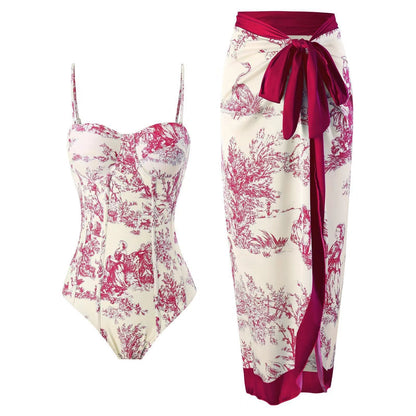 Women Adjustable Shoulder Strip Plant Prints One Piece Swimsuit and Skirt/Sarong