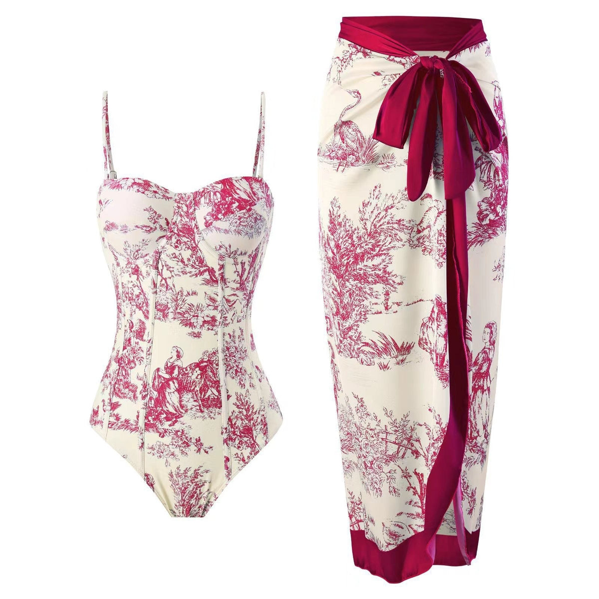 ✨Women Adjustable Shoulder Strip Plant Prints One Piece Swimsuit and Skirt/Sarong