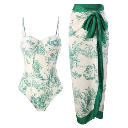 Women Adjustable Shoulder Strip Plant Prints One Piece Swimsuit and Skirt/Sarong