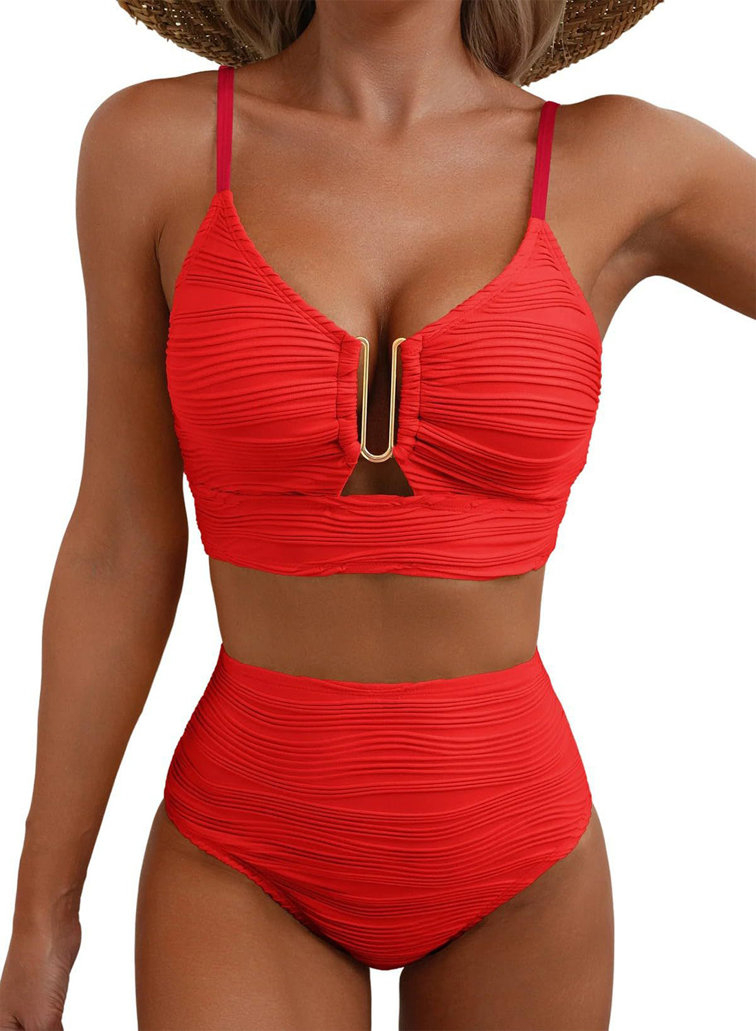 Women's U-Wire Cutout Swimsuit High Waisted Textured 2 Piece Bikini Set