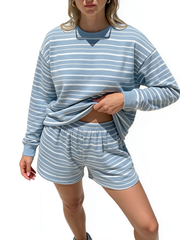 Women Casual Horizontal Stripe Crew Neck Elastic Waist Shorts Or Long Pants Loungewear Set