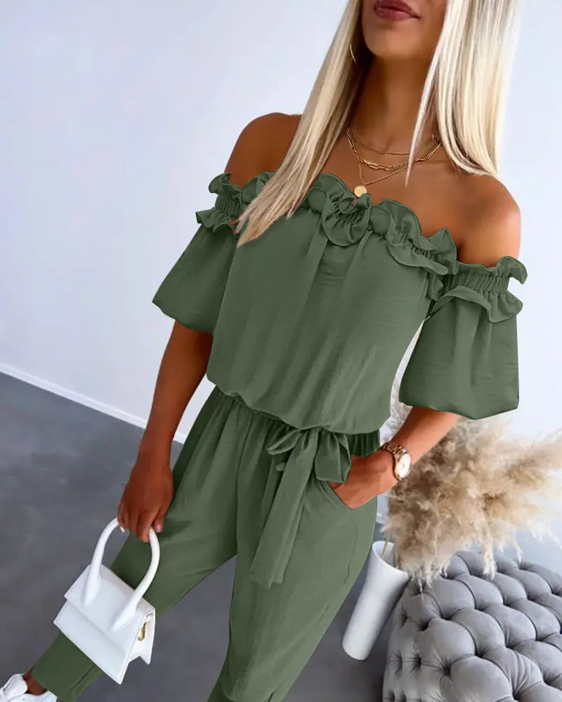 Womens Off Shoulder Frill Hem Tied Detail Jumpsuit