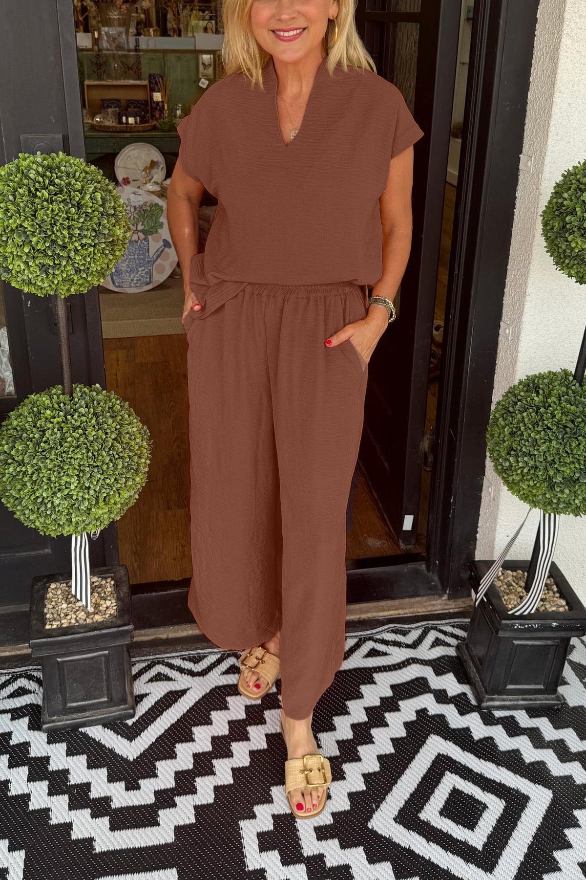 Women's Summer Casual Lightweight V-Neck Two piece Set