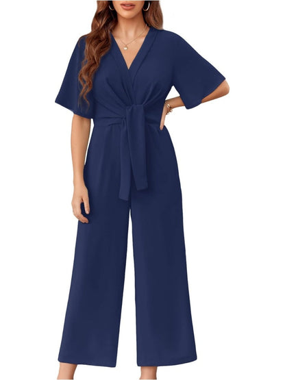 ✨Womens Short Sleeve Tie Knot Front Wide Leg Jumpsuits