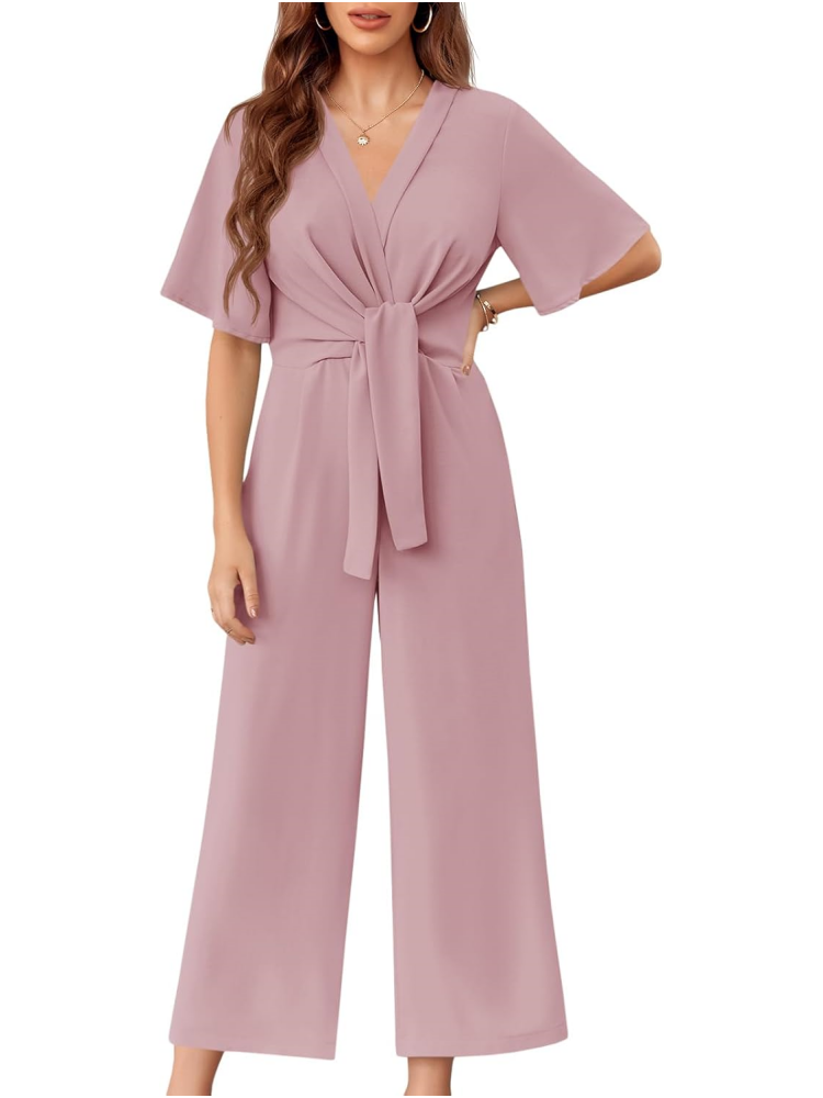 ✨Womens Short Sleeve Tie Knot Front Wide Leg Jumpsuits