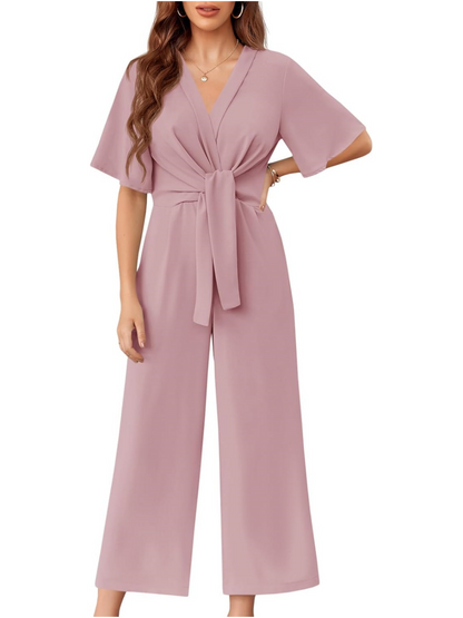 ✨Womens Short Sleeve Tie Knot Front Wide Leg Jumpsuits