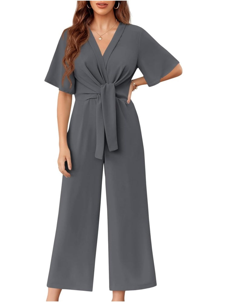 ✨Womens Short Sleeve Tie Knot Front Wide Leg Jumpsuits
