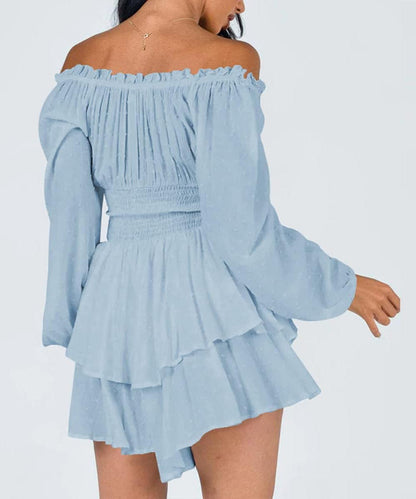 ✨Women's Off-the-shoulder Lantern Sleeves Ruffled Hem Mini Romper