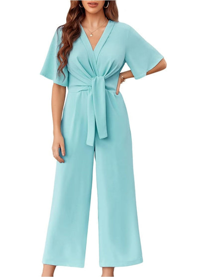 ✨Womens Short Sleeve Tie Knot Front Wide Leg Jumpsuits