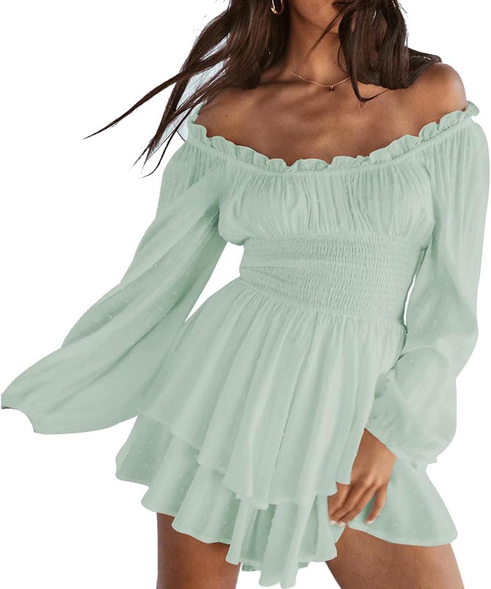✨Women's Off-the-shoulder Lantern Sleeves Ruffled Hem Mini Romper